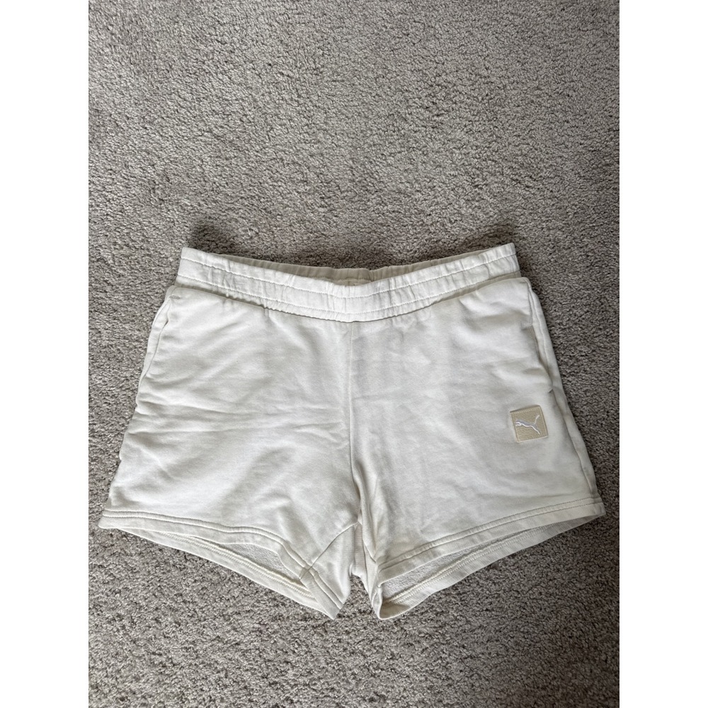 Puma Womens French Terry Sweat Shorts Cream Off White Size Medium Side Pockets